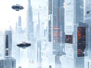 Poster - Futuristic cityscape with towering skyscrapers hovering transport pods and cutting edge technological interfaces rendered in a sleek