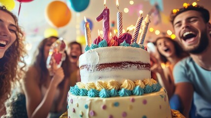 Colorful Birthday Cake at a Fun Celebration Gathering