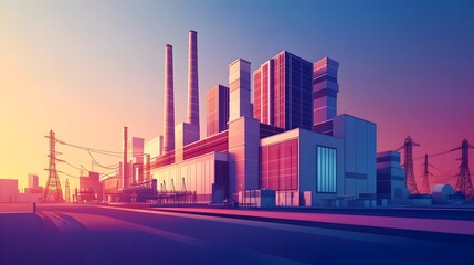 Poster - Sleek Modern Architecture of a Minimalist Cartoon Style Power Plant with Clean Lines Vibrant Color Palette and Optimistic Futuristic Energy in an Industrial Urban Setting