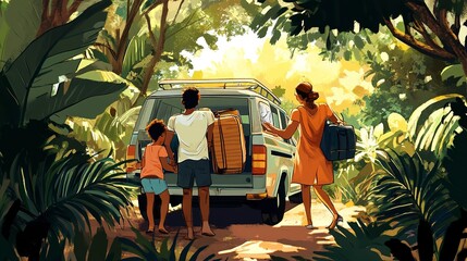 Sticker - A family is loading luggage into the rear of their vehicle for a leisurely travel, surrounded by trees and plants.  