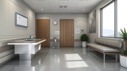 Aufkleber - A hospital room with a sink, a clock, a potted plant, and a bench