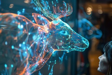 Poster - A mesmerizing encounter with a holographic deer in a bustling urban exhibition showcasing digital wildlife artistry at night. Generative AI
