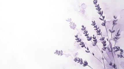 Sticker - A detailed watercolor painting featuring lavender flowers on a clean white background. The delicate purple flowers are intricately depicted with soft brushstrokes. Banner. Copy space 