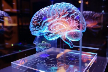 Poster - Exploring neural pathways in a striking 3D representation of the human brain at a futuristic science exhibition. Generative AI