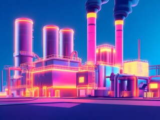 Poster - cartoon style minimal power plant with simple geometric shapes and vibrant colors compact modular st