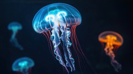 Colorful jellyfish swimming gracefully in dark water.