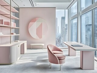 Aufkleber - Chic pastel toned modern corporate workspace featuring streamlined desks and shelving units plush velvet accent chairs abstract geometric art installations