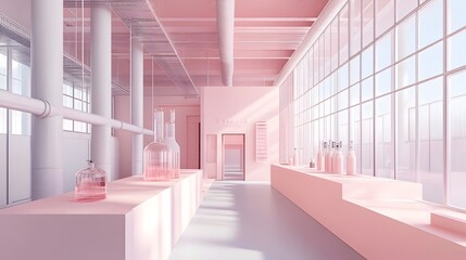 Poster - Minimalist pastel colored distillery with a sleek industrial design featuring clean lines geometric architectural forms and soft natural lighting