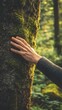 © Michal - A person gently holding and kissing the trunk of an old tree in a forest, with moss on its bark, symbolizing care for nature