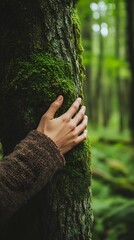 Sticker - A person gently holding and kissing the trunk of an old tree in a forest, with moss on its bark, symbolizing care for nature