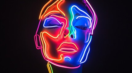 Aufkleber - Neon face art on mannequin head, vibrant colors on black background. Modern art and creativity concept