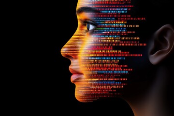 Poster - Woman's face is painted with a rainbow of colors. The face is made up of many different colored squares. Abstract digital human face. Artificial intelligence concept of big data or cyber security.