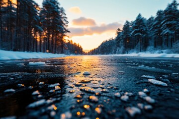 The sun sets over an icy lake surrounded by a winter forest, with its golden hues reflecting on the frozen water, creating a dazzling visual spectacle.