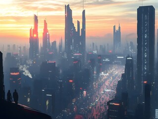 Poster - Dramatic cityscape with soaring skyscrapers silhouetted against a brilliant sunset neon lit streets and bustling pedestrian traffic a vision of a prosperous and technologically advanced urban center