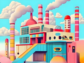 Poster - Vibrant and playful minimalist power plant featuring a futuristic industrial landscape with geometric structures clean linework and a design influence