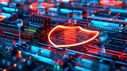Poster - A glowing digital shield hovering over a computer network, symbolizing secure cloud networking, protection, and cyber security protocols in a tech-driven environment.