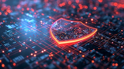 Poster - A glowing digital shield hovering over a computer network, symbolizing secure cloud networking, protection, and cyber security protocols in a tech-driven environment.