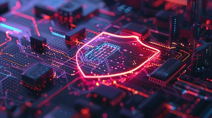 Poster - A glowing digital shield hovering over a computer network, symbolizing secure cloud networking, protection, and cyber security protocols in a tech-driven environment.
