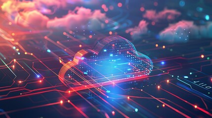 Poster - A visual representation of advanced cloud networking and network management, showcasing secure data flow between cloud-based systems in a sleek, modern digital environment.