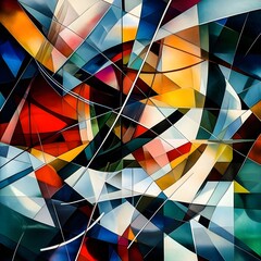 Poster - Vibrant kaleidoscopic abstract composition with dynamic shapes lines and colors reminiscent of the energetic experimental spirit of the Cubist movement captured through a striking