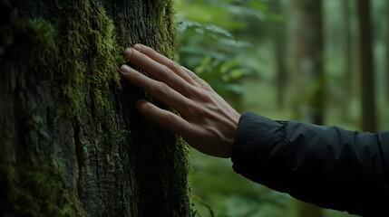 Sticker - A person gently holding and kissing the trunk of an old tree in a forest, with moss on its bark, symbolizing care for nature