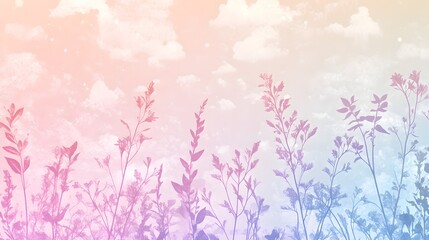 Poster - Whimsical pastel gradient backdrop with wispy cloud formations delicate botanical silhouettes and a sense of tranquility and serenity  Painterly technique luminous hues