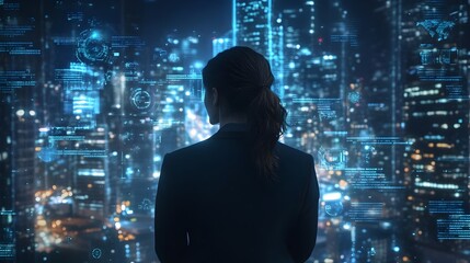Poster - Businesswoman analyzing futuristic augmented reality data interface with urban nightscape backdrop  Advanced digital analytics market intelligence and strategic business insights concept