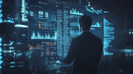 Poster - A business leader intently examining a virtual financial dashboard with glowing holographic data displays against a dark futuristic background