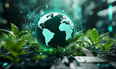 earth hologram and eco energy hud, technology and resources and green city video