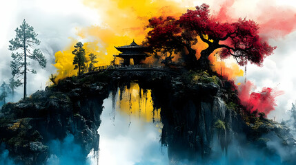 Canvas Print - Watercolor Landscape with Bridge and Pagoda