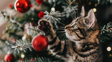 cute little kitten playing with christmas tree decoration