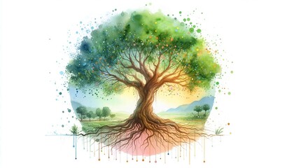 Tree of life, copy space on a side, watercolor art style