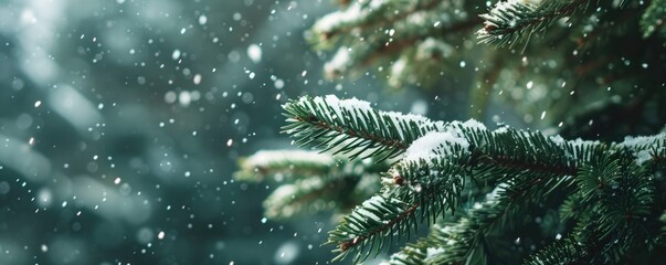 closeup of snow covered evergreen branch in forest