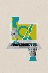 Aufkleber - Trend artwork composite sketch image 3D collage of workspace online remote work open laptop display hands hold touch finger press button