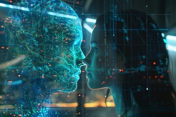 Poster - A captivating moment of human connection with a digital entity in a futuristic environment illuminated by vibrant data streams. Generative AI