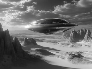 spaceship over mountain range