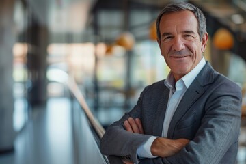 Wall Mural - Portrait of successful senior French businessman consultant looking at camera and smiling inside modern office building , background blur