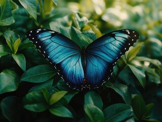 Wall Mural - Blue Butterfly on Green Leaves