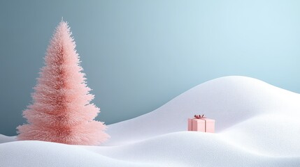 Wall Mural - A minimalistic 3D Christmas scene featuring a pastel-colored tree on the left and geometric snow-covered hills on the right, leaving space in the middle for one large gift box.