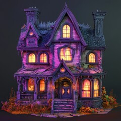 A whimsical, haunted house with glowing windows, detailed architecture, and vibrant colors, perfect for Halloween or fantasy themes.