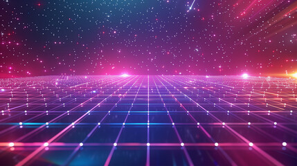 Poster - Cyber technology space, abstract interior with tiled surfaces, glowing lights and falling sequins and blinks.