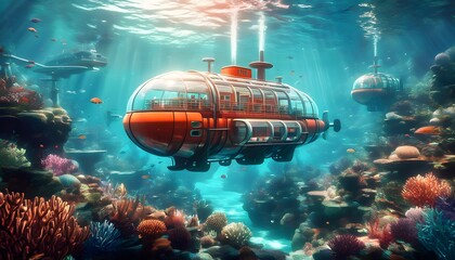 Wall Mural - Vibrant underwater scene featuring a large orange submarine surrounded by diverse sea creatures and colorful coral reefs