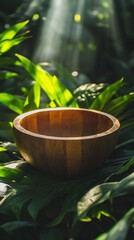 Poster - Wooden bowl in lush green jungle with sun rays