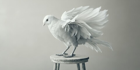 An ultra realistic image of an all whie bird standing on a stool with its wings open. The backgound is light gray and it looks as if it was taken in a photo studio