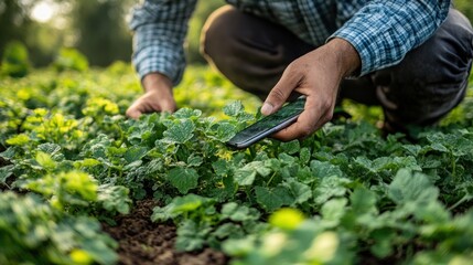 Poster - Farmer Inspecting Crops with Smartphone