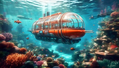 Wall Mural - Vibrant underwater scene featuring a large orange submarine surrounded by diverse sea creatures and colorful coral reefs