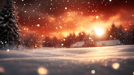 Wall Mural - Winter Wonderland: Snowy Forest Sunset with Glowing Lights