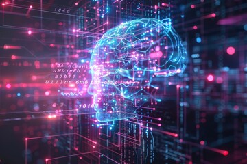 Poster - Exploring the fusion of technology and human intelligence in a vibrant digital landscape depicting neural activity and data flow. Generative AI
