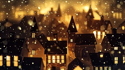 Wall Mural - Silhouette of a Christmas village with rooftops covered in snow.