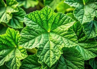 Wall Mural - Lush green hollyhock leaves glisten in natural light, softly blurred against a picturesque garden backdrop, creating a tranquil and vibrant scene of nature's beauty.